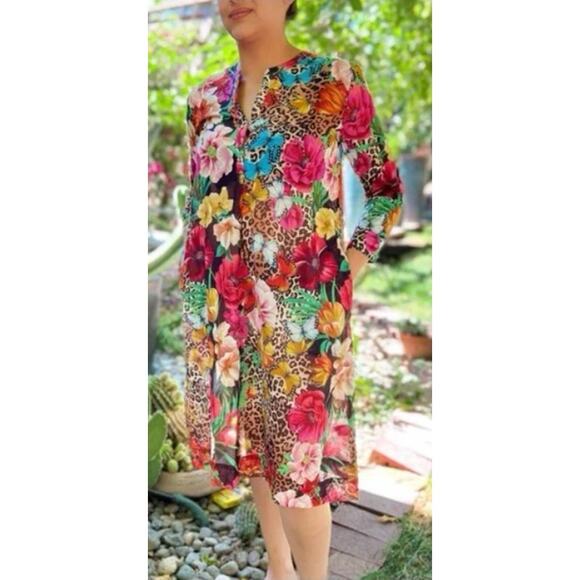 Johnny Was Dress Women Extra Small Sandra Seaside Midi Floral Boho Tunic Colorfu - Picture 1 of 11